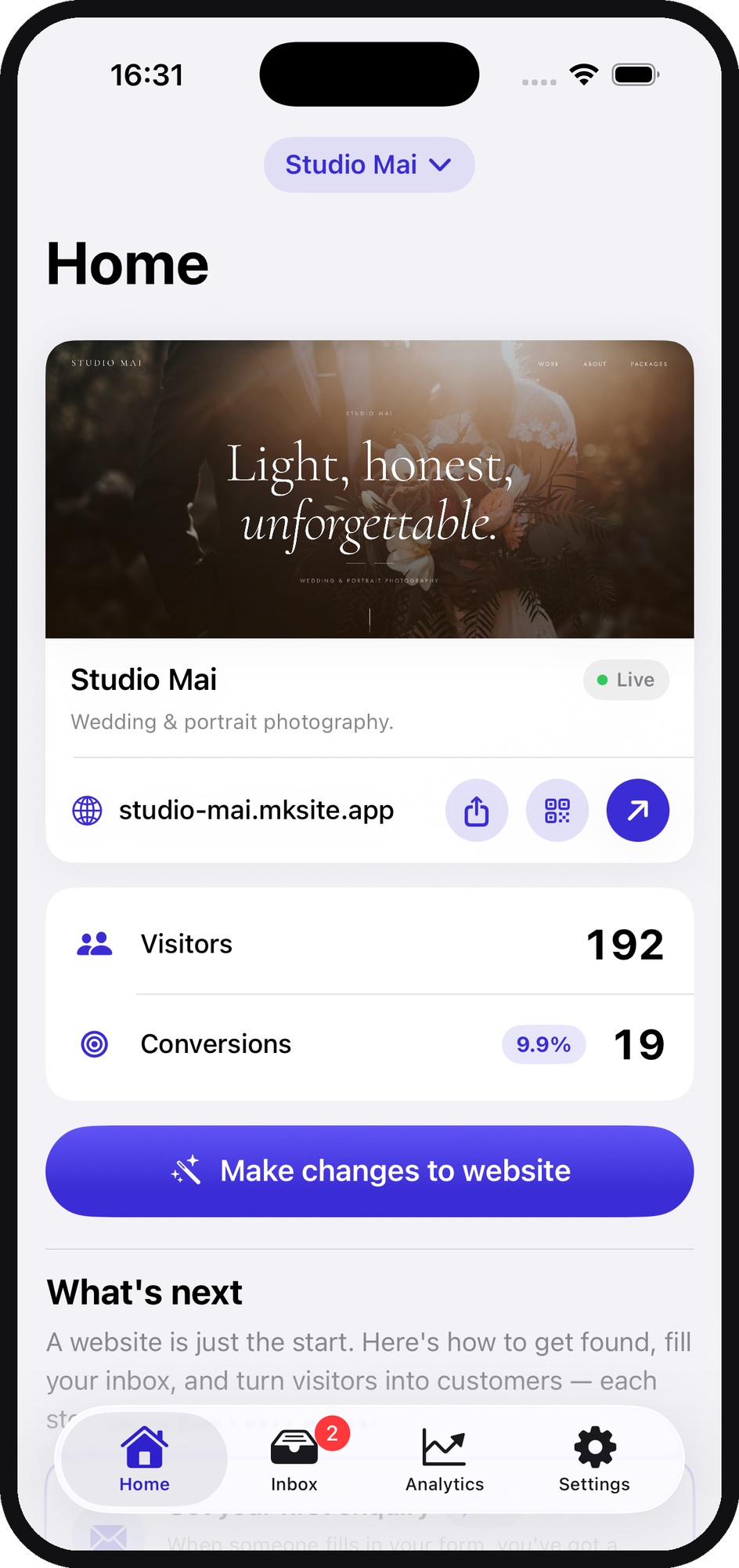 Make A Website app screenshot showing a website being built on iPhone